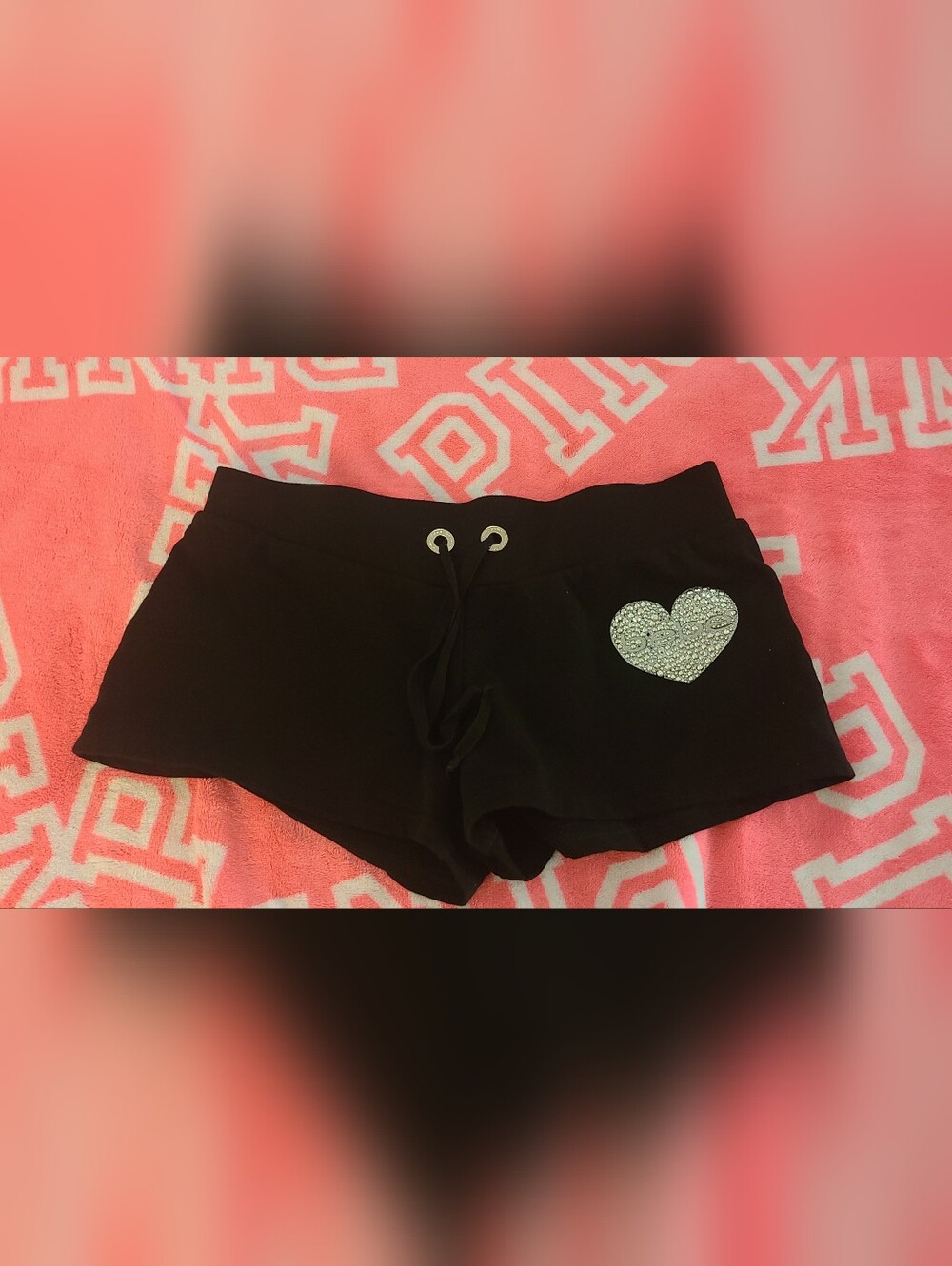 Vintage Bebe Y2K Black Drawstring Shorts Rhinestone Bling Heart M